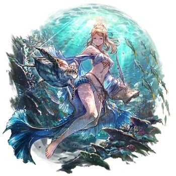 barefoot bikini blonde_hair blue_eyes book breasts feet o-ring o-ring_bikini octopath_traveler octopath_traveler:_champions_of_the_continent official_alternate_costume official_art ponytail small_breasts smile sofia_(octopath_traveler) swimming swimsuit thighs turtle underwater