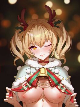 1girl ;p absurdres bell blonde_hair blush breast_curtain_lift breasts capelet chinese_commentary choker closed_mouth commentary_request fake_antlers fenny_golden fur-trimmed_capelet fur_trim grey_capelet hair_between_eyes head_tilt highres jingle_bell kai_si_(hscn5578) large_breasts looking_at_viewer nipples official_alternate_costume one_eye_closed red_choker ribbon sidelocks smile snowbreak:_containment_zone solo standing striped_ribbon tongue tongue_out twintails upper_body yellow_eyes