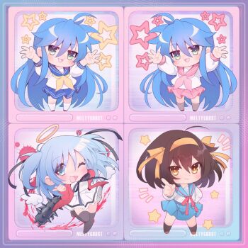 Rule 34 | 4girls, ahoge, blood, blue eyes, blue hair, blue sailor collar, blue skirt, blush, bokusatsu tenshi dokuro-chan, brown hair, chibi, chibi only, clone, club, club (weapon), commentary, crossover, ecchibeef, english commentary, excalibolg, green eyes, hair ribbon, hairband, halo, holding, izumi konata, jacket, kita high school uniform, long hair, long sleeves, looking at viewer, lucky star, merchandise available, mitsukai dokuro, mole, mole under eye, multiple girls, neckerchief, one eye closed, open mouth, red jacket, ribbon, ryouou school uniform, sailor collar, school uniform, serafuku, shirt, short hair, skirt, smile, spiked club, suzumiya haruhi, suzumiya haruhi no yuuutsu, thighhighs, traditional halo, two side up, variant set, very long hair, weapon, white shirt, winter uniform, yellow eyes, yellow hairband