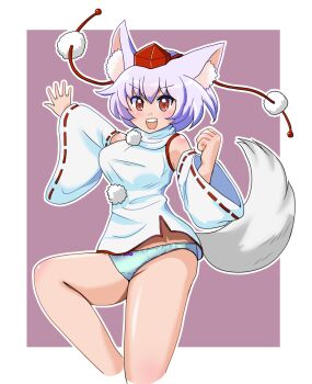&gt;:) 1girl animal_ear_fluff animal_ears arm_up border bow bow_panties breasts clenched_hand commentary cowboy_shot detached_sleeves floating_hair grin hat highres inubashiri_momiji large_breasts leg_up long_sleeves no_pants open_mouth outline panties pom_pom_(clothes) purple_background red_eyes red_hat red_ribbon ribbon ribbon-trimmed_sleeves ribbon_trim shirt short_hair simple_background smile solo tail teeth tokin_hat touhou underwear upper_teeth_only v-shaped_eyebrows white_border white_hair white_outline white_panties white_shirt wide_sleeves wolf_ears wolf_girl wolf_tail yuberan