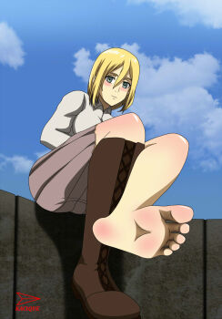 1girl blonde_hair blush feet foot_focus kacique krista_lenz long_hair shingeki_no_kyojin smile