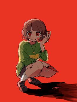 1other blood_on_cheek blush_stickers brown_hair brown_shoes brown_shorts chara_(undertale) full_body green_sweater hand_up highres looking_at_viewer other_focus red_background red_eyes shadow shoes shorts simple_background single_horizontal_stripe smile socks solo squatting sweater tadeno undertale utdr_(toby_fox) white_socks