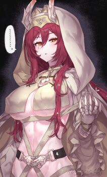 1girl arknights artist_name ascalon_(arknights) ascalon_(phototaxis)_(arknights) belt black_background breasts buckle cape capelet choker cleavage clothing_cutout covered_erect_nipples demon_girl demon_horns facial_mark gloves groin hair_between_eyes hand_up highres hood hood_up hooded_cape horns jewelry large_breasts light_blush linea_alba long_sidelocks long_sleeves looking_at_viewer mark_under_eye midriff navel necklace no_bra official_alternate_costume open_mouth orange_eyes out-of-frame_censoring parted_lips red_hair sicsic49 sidelocks signature simple_background solo stomach strap teardrop_facial_mark toned toned_female twitter_username underboob underboob_cutout upper_body wide_sleeves