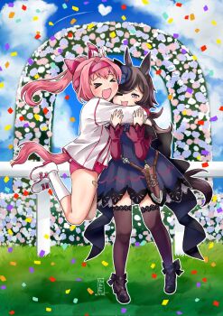 &gt;_&lt; 2girls animal_ears arch bandaid bandaid_on_leg black_thighhighs blue_flower blue_hat blue_rose blue_sky blush bow brown_hair buruma cloud confetti dagger dress ear_bow ear_covers fascinator flipped_hair flower hair_over_one_eye hairband haru_urara_(bestest_prize)_(umamusume) haru_urara_(umamusume) hat hat_flower headband heart highres horse_ears horse_girl horse_tail hug jacket kagura_oni knife long_hair long_sleeves multiple_girls off-shoulder_dress off_shoulder one_eye_closed open_mouth pink_buruma pink_hair pink_headband ponytail purple_eyes red_buruma red_headband rice_shower_(rosy_dreams)_(umamusume) rice_shower_(umamusume) rose sheath sheathed shirt shoes sky smile socks tail thighhighs tilted_headwear umamusume weapon white_jacket white_shirt white_socks