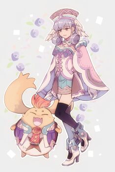 1girl ^_^ black_thighhighs cape closed_eyes commentary_request curly_hair dress fangs grey_eyes grey_hair head_wings high_heels melia_antiqua nopon open_mouth orange_fur riki_(xenoblade) smile standing sudachips thighhighs wings xenoblade_chronicles_(series) xenoblade_chronicles_1