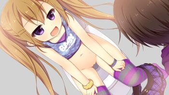 1boy 1girl :d aoi_aruma blue_tank_top blush breasts brown_hair camisole cleft_of_venus clothes_pull collarbone cowboy_shot from_above game_cg grey_background hair_between_eyes hair_ornament hairclip hood hoodie izuno_shiun_(jissai_no_tokoro) jissai_no_tokoro kodomo_doushi kurenai_yuuya_(jissai_no_tokoro) loli long_hair navel on_toilet open_mouth panties plaid_clothes plaid_skirt pleated_skirt purple_camisole purple_eyes purple_hoodie purple_skirt pussy scrunchie short_hair simple_background sitting skirt skirt_pull smile striped_clothes striped_thighhighs tank_top thighhighs toilet toilet_seat toilet_use tsurime underwear variant_set yellow_scrunchie