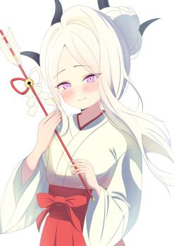 1girl atelier_seramist blue_archive blush breasts commentary_request demon_girl demon_horns highres hina_(blue_archive) horns japanese_clothes long_hair looking_at_viewer miko purple_eyes simple_background small_breasts solo white_background white_hair