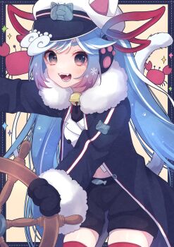 1girl animal animal_ear_fluff animal_ears aomidori_(em_em37) black_coat black_gloves black_necktie black_shorts blue_eyes blush cat_ears cat_girl cat_tail coat collared_shirt commentary_request crab fangs fur-trimmed_coat fur-trimmed_sleeves fur_trim gloves gradient_hair hair_between_eyes hair_ribbon hat hatsune_miku highres long_hair long_sleeves looking_at_viewer multicolored_hair necktie official_alternate_costume official_alternate_hairstyle peaked_cap red_ribbon red_shirt red_thighhighs ribbon sailor_hat ship's_wheel shirt short_shorts shorts smile solo tail teeth thighhighs twintails very_long_hair vocaloid white_hair white_shirt yuki_miku yuki_miku_(2022)