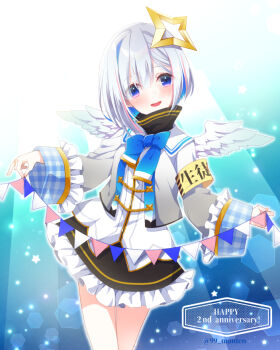 1girl amane_kanata angel_wings anniversary blue_eyes blue_hair blush bow bowtie feathered_wings frilled_skirt frilled_sleeves frills halo high_collar holding holding_string hololive long_sleeves looking_at_viewer multicolored_hair n_gyou open_mouth pinching plaid_clothes plaid_sleeves sailor_collar short_hair single_hair_intake skirt sleeve_cuffs smile solo star_(symbol) star_halo streaked_hair string string_of_flags virtual_youtuber white_hair wings