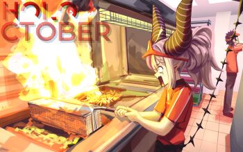 2girls alternate_costume black_pants demon_girl demon_horns fire food french_fries highres hololive horns la+_darknesss long_hair looking_at_viewer mokuka_noe multiple_girls open_mouth orange_shirt pants pointy_ears ponytail scared shirt very_long_hair virtual_youtuber