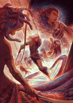 alcohol aleksi_remes artist_name axe bat_(animal) castlevania_(series) chain commentary cross cup dracula_(castlevania) drinking_glass fingernails frankenstein&#039;s_monster gloves highres holding holding_sword holding_weapon holding_whip long_hair medusa_(castlevania) pointy_ears sharp_fingernails sharp_teeth simon_belmont snake sword teeth weapon werewolf_(castlevania) wine wine_glass