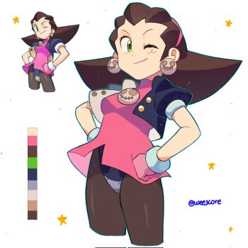 1girl ;) blush brown_hair commentary cropped_jacket crotch_plate dress earrings english_commentary gloves green_eyes hairband hands_on_own_hips highres jacket jewelry medium_hair mega_man_(series) mega_man_legends_(series) official_art_inset one_eye_closed open_clothes open_jacket pantyhose pink_dress pink_gloves pink_hairband puffy_short_sleeves puffy_sleeves reference_inset short_sleeves smile solo star_(symbol) tron_bonne_(mega_man) twitter_username weezcore