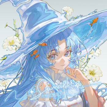 1girl bare_shoulders blue_eyes blue_hair blue_hat closed_mouth fish flower hand_up hat highres liquid_hat long_hair original parted_bangs portrait sample_watermark shirt smile solo tian_nima watermark white_flower white_shirt