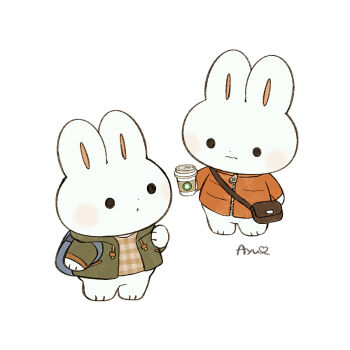 Rule 34 | 3:, animal, animal focus, ayu (mog), backpack, bag, blush stickers, brown shirt, closed mouth, clothed animal, commentary, commentary request, cup, disposable coffee cup, disposable cup, english commentary, green jacket, holding, holding cup, jacket, long sleeves, mixed-language commentary, no humans, open clothes, open jacket, orange jacket, original, rabbit, romaji commentary, shirt, signature, simple background, solid circle eyes, white background, zipper