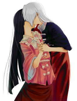 2girls black_hair blunt_ends bow commentary contrast_collar covered_face dress frilled_sailor_collar frills grey_hair hateruho holding_hands houraisan_kaguya kiss long_hair multicolored_hair multiple_girls pink_shirt red_skirt sailor_collar shirt simple_background skirt split-color_hair straight_hair touhou two-tone_dress very_long_hair white_background white_bow white_sailor_collar yagokoro_eirin yuri