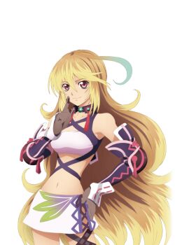Rule 34 | 1girl, ahoge, artist request, blonde hair, breasts, brown gloves, brown hair, commentary, cowboy shot, dyed ahoge, finger to face, finger to mouth, game cg, gloves, gradient hair, green hair, hand on own hip, long hair, looking at viewer, medium breasts, midriff, milla maxwell, multicolored hair, navel, official art, red eyes, shushing, skirt, smile, solo, strapless, tales of (series), tales of asteria, tales of xillia, third-party source, transparent background, tube top, white skirt