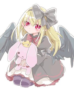 1girl black_dress black_hairband black_ribbon black_wings blonde_hair dark_feather_alma dress emil_chronicle_online hair_ribbon hairband holding holding_stuffed_toy long_hair neck_ribbon pointy_ears purple_thighhighs red_eyes red_ribbon ribbon seiza sitting solo striped_clothes striped_thighhighs stuffed_animal stuffed_rabbit stuffed_toy thighhighs white_background wings yusa_yuyu