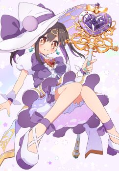 1girl absurdres alternate_costume aqua_nails bare_arms bare_legs black_hair blush brown_eyes commentary_request earrings erde_0 full_body hair_between_eyes hair_ornament hairclip hat heart-shaped_gem high_heels highres holding holding_staff jewelry knees_together_feet_apart long_hair looking_at_viewer magical_girl multicolored_hair nail_polish onii-chan_wa_oshimai! oyama_mihari petticoat puffy_short_sleeves puffy_sleeves purple_hair shoes short_sleeves simple_background smile solo staff star_(symbol) two-tone_hair white_hat witch_hat