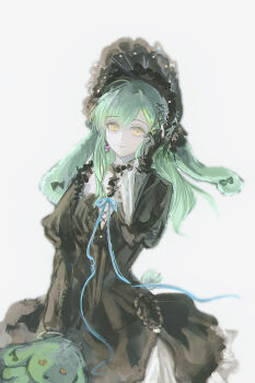 1girl absurdres an_hun_qu animal_ears arknights bang_dream! bang_dream!_it&#039;s_mygo!!!!! black_bonnet black_dress black_gloves blue_ribbon bonnet closed_mouth cowboy_shot dress floppy_ears gloves gothic_lolita green_hair hair_ornament hand_up highres holding holding_stuffed_toy lolita_fashion long_hair long_sleeves looking_at_viewer rabbit_ears rabbit_girl ribbon sidelocks simple_background solo standing stuffed_animal stuffed_rabbit stuffed_toy wakaba_mutsumi wakaba_mutsumi_(marionette&#039;s_id) white_background x_hair_ornament yellow_eyes