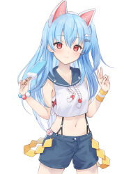 Rule 34 | 1girl, :3, aisu (icicleshot), animal ears, blue hair, blue sailor collar, blue shorts, blush, bracelet, breasts, cat ears, closed mouth, commentary request, cowboy shot, crop top, fake animal ears, fish hair ornament, food, hair between eyes, hair ornament, holding, holding food, holding popsicle, igarashi haruna, jewelry, long hair, looking at viewer, mahjong soul, medium bangs, midriff, navel, one side up, paw print, popsicle, red eyes, sailor collar, shide, shirt, shorts, simple background, small breasts, smile, solo, suspender shorts, suspenders, v, white background, white shirt