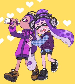 1boy 1girl absurdres arm_hug bag black_shoes blue_shirt bottle collared_shirt commentary_request dark-skinned_male dark_skin drinking full_body grey_shorts hand_in_pocket headphones high_tops highres holding holding_bag holding_bottle inkling inkling_boy inkling_girl inkling_player_character jacket long_hair long_sleeves looking_at_another nintendo orange_shoes pink_eyes plaid_clothes plaid_shirt plastic_bag plastic_bottle purple_hair purple_jacket shirt shoes shorts sleeveless sleeveless_jacket sneakers splatoon_(series) splatoon_1 standing standing_on_one_leg tentacle_hair topknot unmoving_pattern yellow_background yoshizawa_miyabi