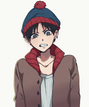 Rule 34 | 1boy, absurdres, animification, beanie, black hair, blue eyes, clenched teeth, commentary request, hat, highres, jacket, junjun 999, looking at viewer, male focus, open clothes, open jacket, pom pom (clothes), pom pom beanie, short hair, solo, south park, stan marsh, teeth, upper body, v-shaped eyebrows