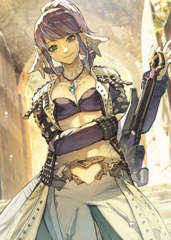 1girl au_ra bikini bikini_top_only blue_eyes breasts brown_hair cleavage commentary_request dragon_horns final_fantasy final_fantasy_xiv hide_(hideout) highres horns jacket jewelry looking_at_viewer medium_breasts open_clothes open_jacket pendant ponytail short_hair short_ponytail smile solo swimsuit sword warrior_of_light_(ff14) weapon white_scales