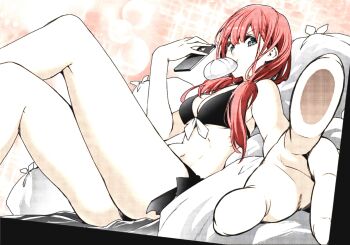 1girl ass bare_shoulders beach bikini black_bikini blue_eyes bokutachi_wa_benkyou_ga_dekinai breasts cellphone cleavage colorized crossed_legs finger_touching food highres kirisu_mafuyu large_breasts legs long_hair looking_at_viewer navel phone pink_hair sitting smartphone solo steamed_bun swimsuit thighs trash trash_bag tsutsui_taishi twintails underboob