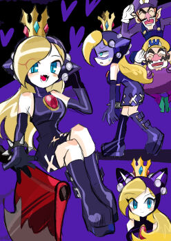 Rule 34 | 1girl, 2boys, absurdres, blonde hair, boots, brothers, commentary, crown, dress, elbow gloves, english commentary, fangs, gloves, hat, highres, long hair, looking at viewer, mario (series), multiple boys, nintendo, open mouth, overalls, purple boots, purple dress, purple gloves, purple hat, purple overalls, purple shirt, rakugaki shitagari-ya, shirt, siblings, skin fangs, smile, very long hair, waluigi, wario, warupeach, white gloves, yellow shirt