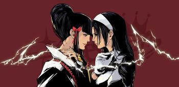 2girls artist_logo black_hair commentary_request dress electricity fingerless_gloves from_side gloves hairband highres jbstyle kazama_jun logo long_hair looking_at_another looking_at_viewer mishima_kazumi_(tekken) multiple_girls profile red_background red_lips shirt tekken tekken_7 tekken_8 trait_connection upper_body white_dress white_gloves white_hairband white_shirt