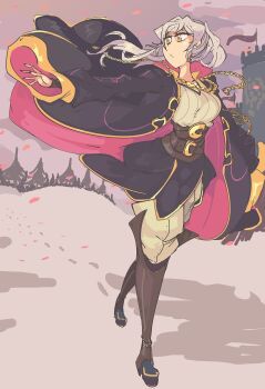 Rule 34 | 1girl, arm up, castle, davewaterfalls, female robin (fire emblem), fire emblem, fire emblem awakening, flag, footprints, nintendo, outdoors, robe, snow, solo, twintails, white hair, yellow eyes