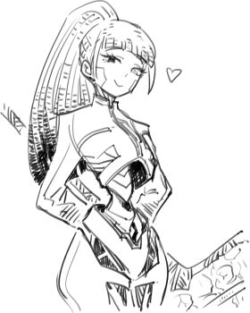 1girl albina_(project_moon) android arms_behind_back black_eyes blunt_bangs cable_hair colored_skin commentary cyborg english_commentary greatsword heart heterochromia high_ponytail highres holding holding_sword holding_weapon joints kaibootsu limbus_company long_hair looking_at_viewer ponytail project_moon robot_girl robot_joints sidelocks smile solo spoken_heart sword weapon white_background white_eyes white_hair white_skin