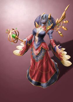 Rule 34 | 1girl, aizak, breasts, cleavage, full body, gradient background, grey hair, grimms notes, holding, holding staff, juliet sleeves, long sleeves, medium hair, navel, puffy sleeves, single wing, solo, staff, wings, witch yurisha (grimms notes)