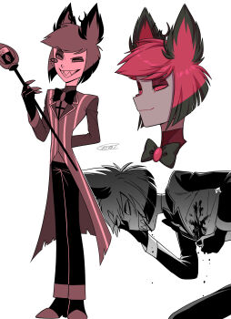 1boy :d absurdres alastor_(hazbin_hotel) animal_ears antlers arm_behind_back arm_up bent_over black_bow black_bowtie blood blood_from_mouth blood_on_clothes bob_cut bow bowtie closed_mouth coat colored_sclera colored_skin colored_tips commentary_request cropped_head deer_antlers deer_boy deer_ears eyeshadow fewer_digits full_body grey_skin grin hand_on_own_chest hand_up hazbin_hotel hellaverse high_contrast highres holding holding_staff horns inverted_bob legs_together long_sleeves looking_to_the_side makeup male_focus menma_(enaic31) monocle multicolored_hair multiple_views open_mouth pants raised_eyebrow red_eyes red_eyeshadow red_sclera red_shirt sharp_teeth shirt shoes short_hair signature simple_background smile staff standing striped_coat teeth traditional_bowtie turtleneck turtleneck_shirt two-tone_hair uneven_eyes vertical-striped_coat white_background