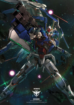 00_raiser absurdres aiming asteroid celestial_being character_name commentary energy_gun foreshortening full_body green_eyes gun gundam gundam_00 highres holding holding_gun holding_weapon mecha mecha_focus mf_draws mobile_suit no_humans outstretched_arms robot science_fiction solo space spread_arms star_(sky) v-fin weapon