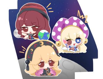 Rule 34 | 3girls, ^^^, american flag, american flag dress, american flag print, black dress, black shirt, blonde hair, blue eyes, blue skirt, chain, chibi, chibi only, clownpiece, commentary, dalachi (headdress), dress, earth (ornament), energy, english commentary, fairy wings, flag print, full body, hat, hecatia lapislazuli, heterochromia, highres, jester cap, junko (touhou), long hair, looking at viewer, mismatched pupils, mixed-language commentary, moon, moon (ornament), multicolored skirt, multiple girls, neck ruff, no noru, off-shoulder shirt, off shoulder, open mouth, polka dot, polka dot headwear, purple hat, red eyes, red hair, red skirt, red tabard, shirt, skirt, smile, space, star-shaped pupils, star (sky), star (symbol), star print, striped clothes, striped dress, symbol-shaped pupils, t-shirt, tabard, touhou, underworld (ornament), wide sleeves, wings