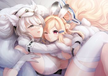 2girls absurdres animal_ears blonde_hair blush breasts crossed_legs dress echocalypse eriri_(echocalypse) fangs flower fur grey_hair hair_bun hair_spread_out hat highres hug large_breasts long_hair mittens multiple_girls one_eye_closed peaked_cap rabbit_ears smile snezhana_(echocalypse) thighhighs white_dress white_flower white_headwear white_mittens white_thighhighs ye_yun