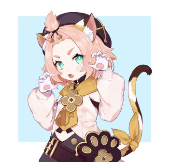 1girl animal_ear_fluff animal_ears bangs_pinned_back black_collar black_headwear black_skirt blue_background blush border bright_pupils cat_ears cat_girl cat_tail claw_pose collar commentary_request diona_(genshin_impact) eyelashes fangs genshin_impact gloves gradient_eyes green_eyes hands_up highres long_sleeves multicolored_eyes open_mouth parted_bangs paw_print pink_hair pouch puffy_sleeves ribbon shirt short_hair simple_background skirt solo sushi_171 tail tail_ornament tail_ribbon thick_eyebrows white_gloves white_pupils white_shirt yellow_eyes yellow_neckwear yellow_ribbon