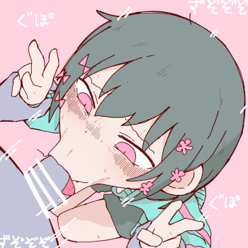 1boy 1girl :>= aqua_jacket bar_censor black_hair black_shorts bow censored cevio double_v fellatio flower from_above hair_bow hair_flower hair_ornament iyowa_girls jacket kurari-chan_(iyowa) kyu-kurarin_(cevio) medoshikorinda motion_lines oral penis pink_background pink_bow pink_eyes pink_flower pink_trim short_hair shorts simple_background sweat tongue v