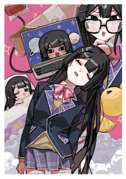 black_hair bow bowtie cardigan_vest closed_eyes computer glasses highres lapels laptop leaning_to_the_side nijisanji open_mouth pink_bow pink_bowtie plaid_clothes plaid_lapels rippoutai_fuusen tsukino_mito virtual_youtuber