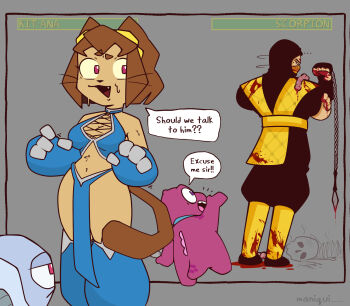 animal_ears breasts brown_hair cat_ears cat_girl cat_tail cosplay crossover dinosaur furry furry_female gameoverse gobbles_(gameoverse) highres huge_breasts kaboodle_(gameoverse) kit_bodega kitana_(cosplay) mortal_kombat_(series) pink_eyes robot scorpion_(mortal_kombat) short_hair tail thick_thighs thighs
