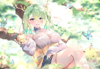 1girl alternate_costume antlers apple bird blue_skirt blush breasts bug butterfly ceres_fauna choker cleavage closed_mouth elphe flower food fruit golden_apple green_choker green_hair hair_flower hair_ornament highres holding holding_food holding_fruit hololive hololive_english horns insect large_breasts long_hair looking_at_viewer mole mole_under_eye nemu_(ceres_fauna) on_branch sapling_(ceres_fauna) shirt skirt smile thighhighs virtual_youtuber white_shirt white_thighhighs yellow_eyes