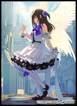 1girl black_shoes blue_scrunchie blue_sky closed_eyes closed_mouth cloud copyright_notice dress frilled_dress frills halo holding holding_sword holding_weapon kominato_ruuko kurosawa_tetsu official_art one_side_up outdoors pantyhose scrunchie shoes sky solo sword weapon white_dress white_pantyhose wixoss