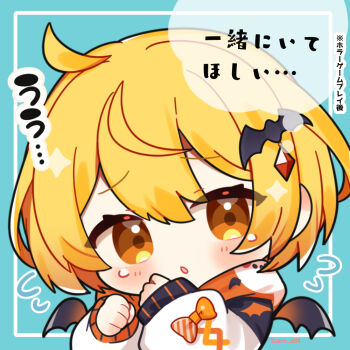1girl :o ahoge bat_hair_ornament bat_wings blonde_hair blue_background blush bow chibi chibi_only commentary_request hair_ornament hand_up hololive kashiwase_karune long_sleeves looking_at_viewer open_mouth orange_bow orange_eyes shirt short_hair sleeve_bow solo teardrop translation_request twitter_username upper_body virtual_youtuber white_shirt wings yozora_mel