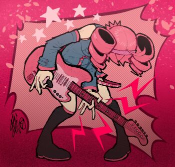 Rule 34 | 1girl, ahoge, boots, commentary, commission, detached sleeves, drill hair, electric guitar, english commentary, full body, guitar, head down, highres, instrument, kasane teto, kasane teto (utau), knee boots, long sleeves, music, pink background, pink hair, playing guitar, playing instrument, pleated skirt, plectrum, shirt, skirt, sleeveless, sleeveless shirt, solo, star (symbol), twin drills, utau, verycansado