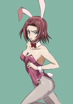 1girl :/ animal_ears artist_request bare_shoulders between_breasts blue_eyes bow breasts code_geass curvy fake_animal_ears fake_bunny_ears female_focus highleg highleg_leotard highres kouzuki_kallen leotard medium_hair open_mouth pantyhose pink_leotard playboy_bunny red_bow red_hair serious shiny_clothes simple_background strapless strapless_leotard sweat wide_hips