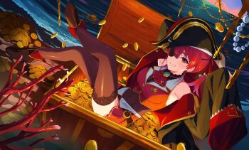 1girl akibare_(mmpv2224) ascot bare_shoulders black_coat black_hat blush boots breasts brown_boots brown_thighhighs coat coin commentary coral covered_navel cropped_jacket english_commentary eyepatch full_body gloves grin hat highres hololive houshou_marine houshou_marine_(1st_costume) jacket large_breasts leotard leotard_under_clothes long_hair long_sleeves looking_at_viewer miniskirt ocean off_shoulder open_clothes open_coat outdoors pirate_hat pleated_skirt red_ascot red_eyes red_hair red_jacket red_skirt see-through_clothes see-through_leotard sitting skirt sleeveless sleeveless_jacket smile solo thighhighs treasure_chest twintails virtual_youtuber white_gloves