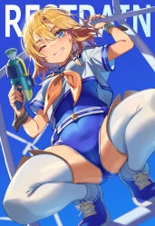 Rule 34 | 1girl, absurdres, arm up, blonde hair, blue background, blue eyes, blue footwear, blue one-piece swimsuit, breasts, brown neckerchief, commentary request, grin, hair between eyes, hand up, highres, holding, michairu, neckerchief, one-piece swimsuit, one eye closed, original, sailor collar, school uniform, serafuku, shirt, shoes, short sleeves, small breasts, smile, solo, squatting, star (symbol), swimsuit, swimsuit under clothes, thighhighs, tiptoes, white sailor collar, white shirt, white thighhighs
