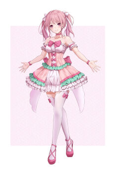 13enter 1girl absurdres bang_dream! blush bow breasts choker commentary_request dress full_body highres long_hair looking_at_viewer maruyama_aya medium_breasts pink_background pink_choker pink_dress pink_eyes pink_hair pink_shoes shoes smile solo standing thighhighs twintails white_thighhighs