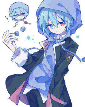 1boy absurdres black_jacket black_pants blue_eyes blue_hair closed_mouth commentary_request cowboy_shot dice double-parted_bangs drawstring futaba969649 grey_hoodie hair_between_eyes hand_up heterochromia highres hood hood_up hoodie jacket long_sleeves looking_at_viewer male_focus multiple_views open_clothes open_jacket pants puyopuyo red_eyes short_hair sig_(puyopuyo) simple_background white_background wing_collar